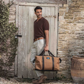 Caballero large travel bag - brown leather and sand canvas with blue stitching