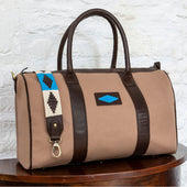 Varon small travel bag - brown leather and sand canvas with blue stitching