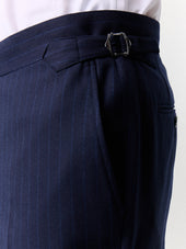 Pantalon Coordonnable Slim En Laine Stretch Bleu Marine Rayures