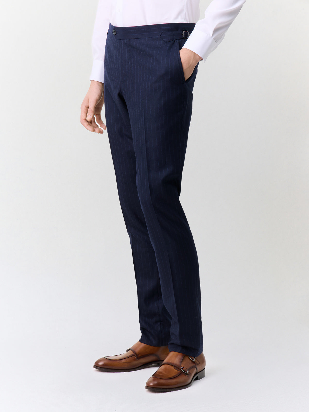 Pantalon Coordonnable Slim En Laine Stretch Bleu Marine Rayures