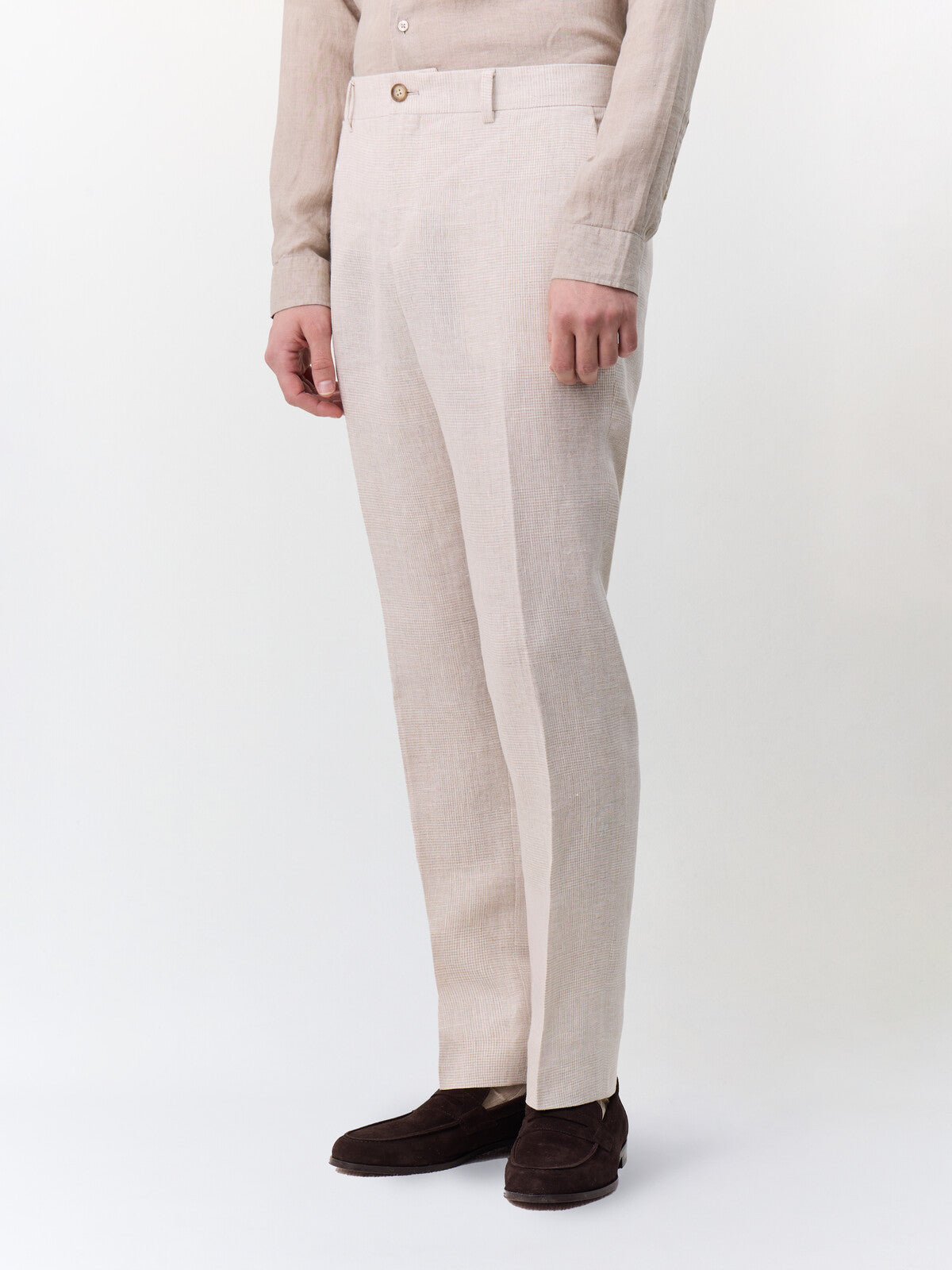 Pantalon Coordonnable Slim En Lin Beige Prince De Galles