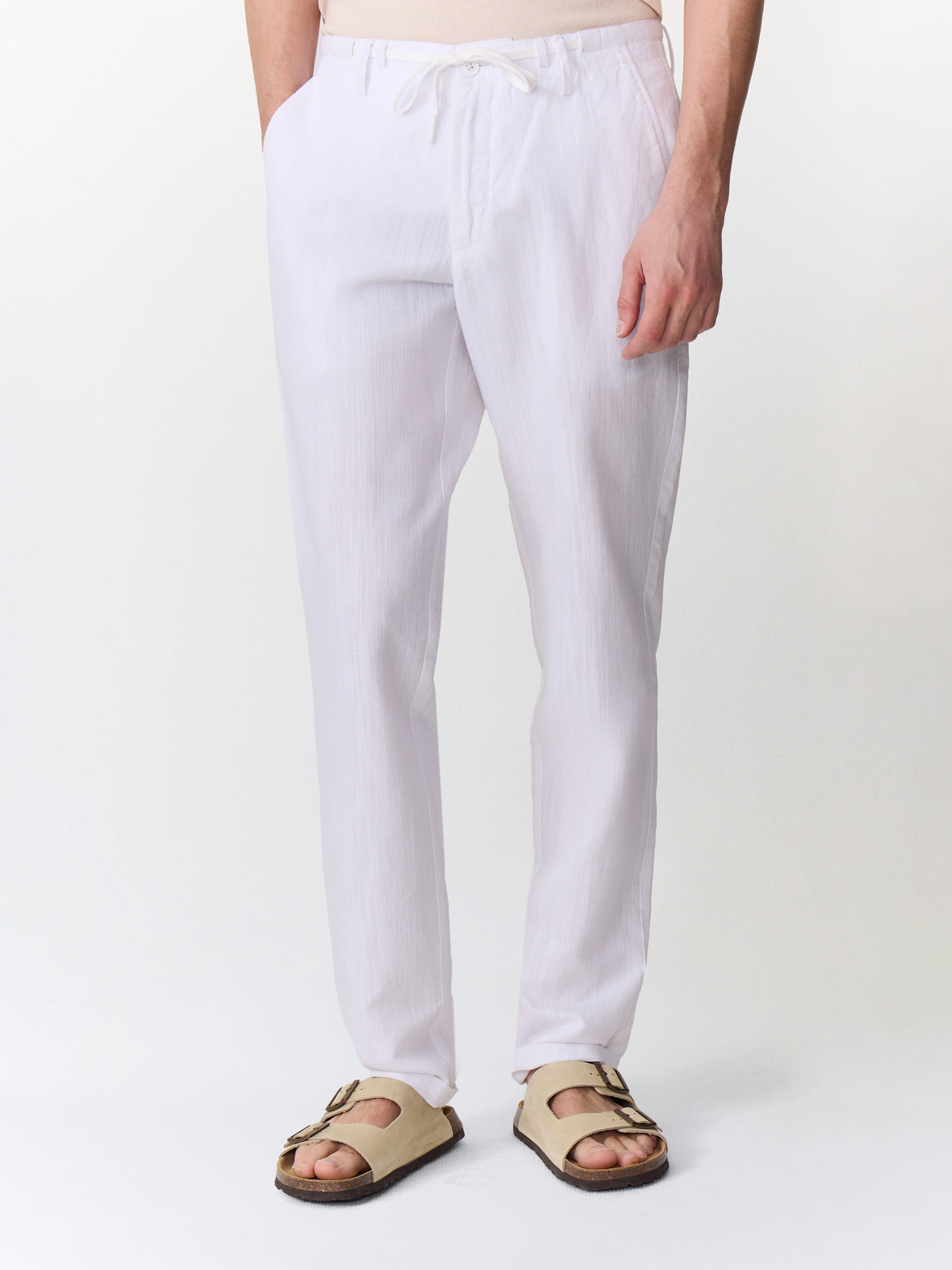 Pantalon Casual Semi Regular En Lin Et Coton Blancs
