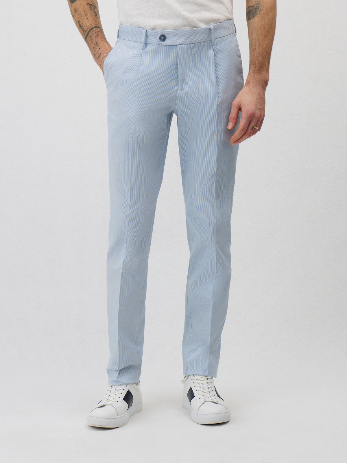 Pantalon Coordonnable Slim En Coton Stretch Bleu Ciel Rayures