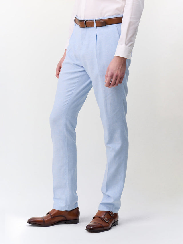 Pantalon coordonnable slim en lin et coton bleu ciel
