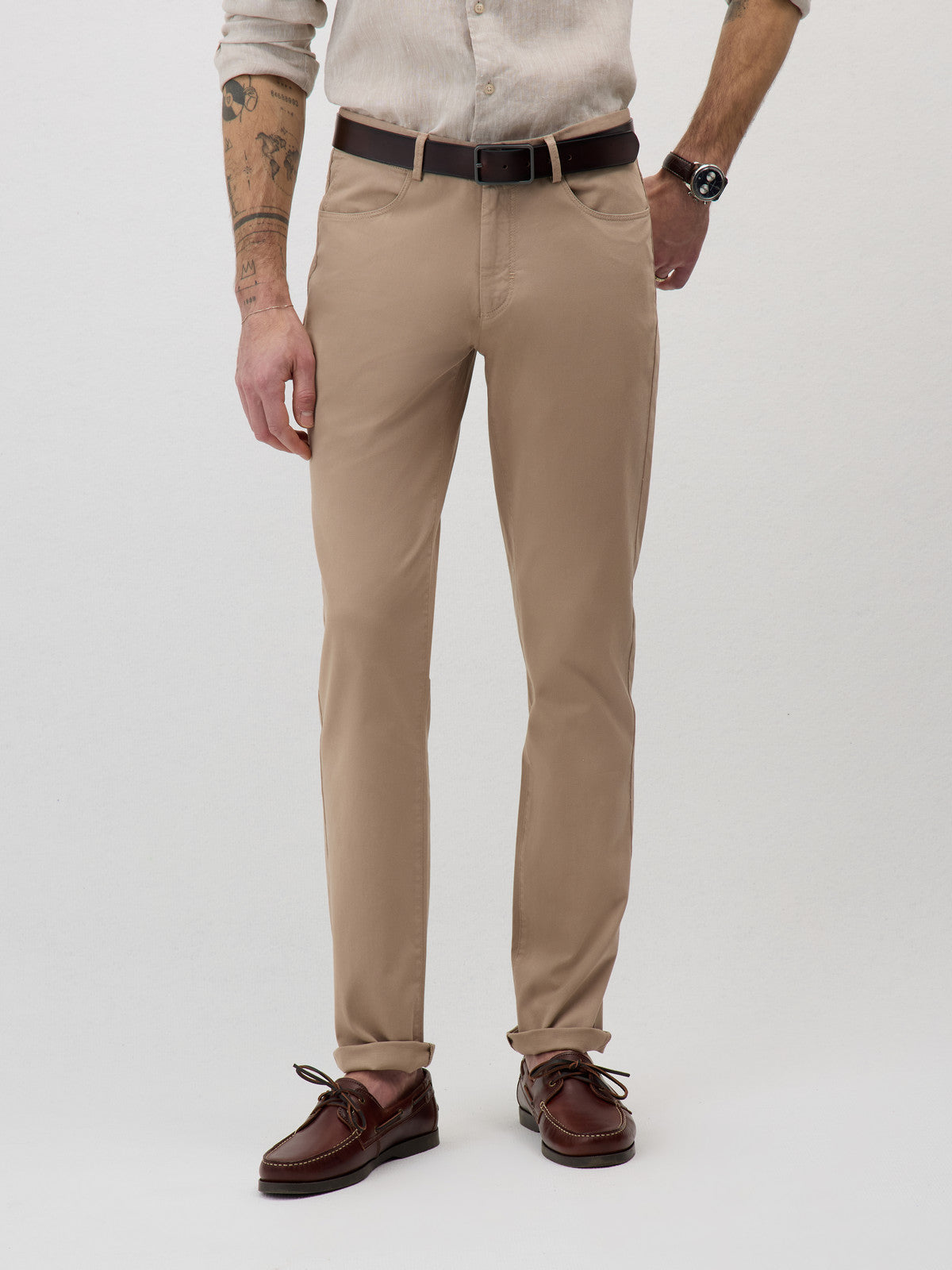 Pantalon Casual Slack Regular En Coton Stretch Marron