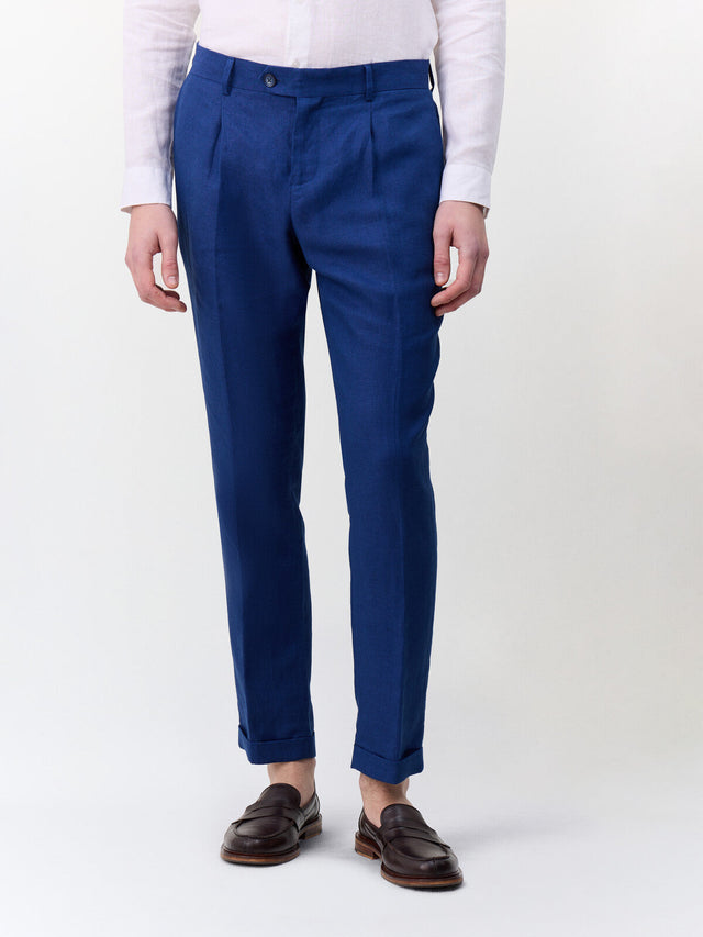 Pantalon coordonnable slim en lin bleu indigo