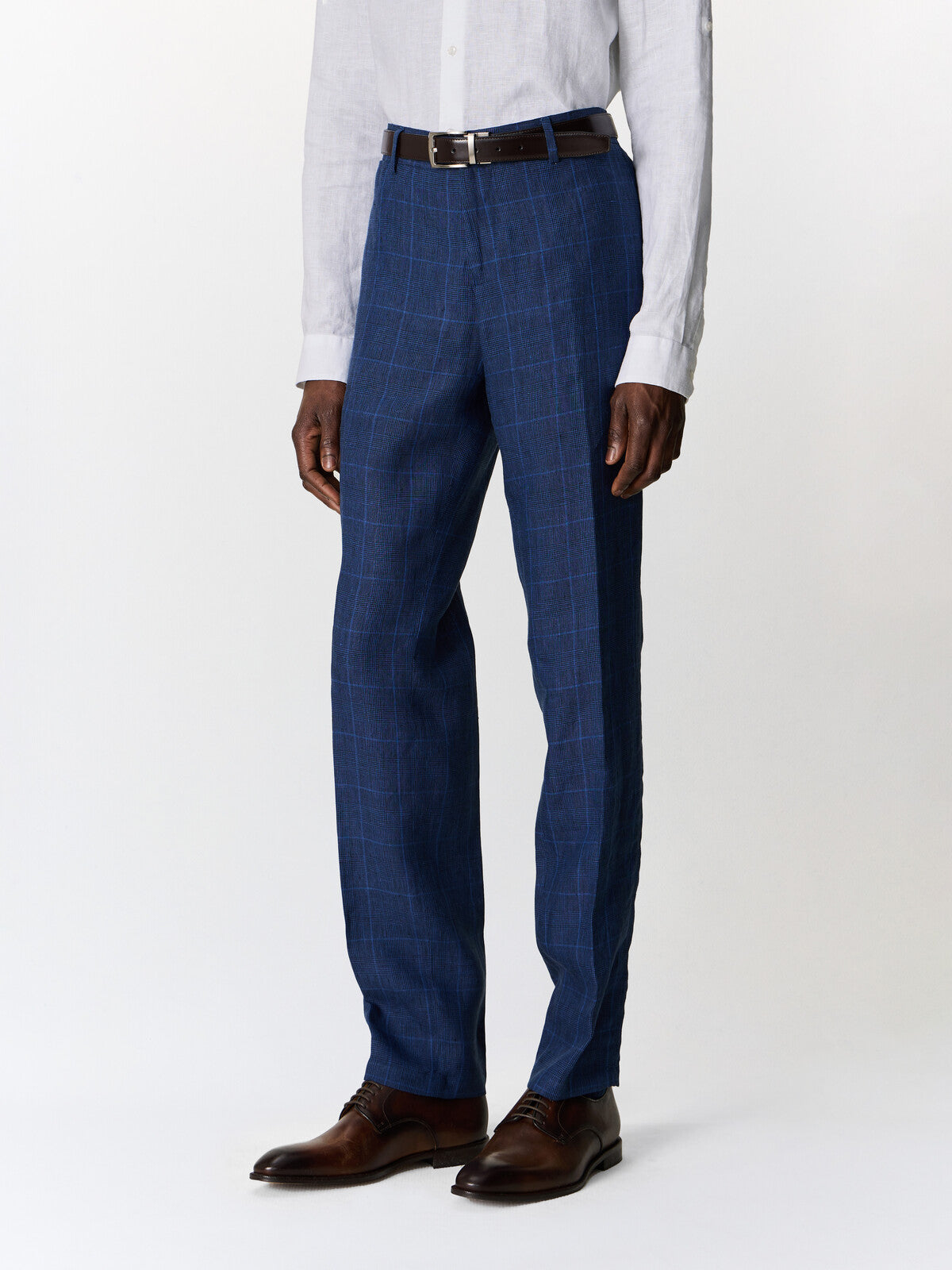 Pantalon Coordonnable Slim En Lin Bleu Indigo Prince De Galles