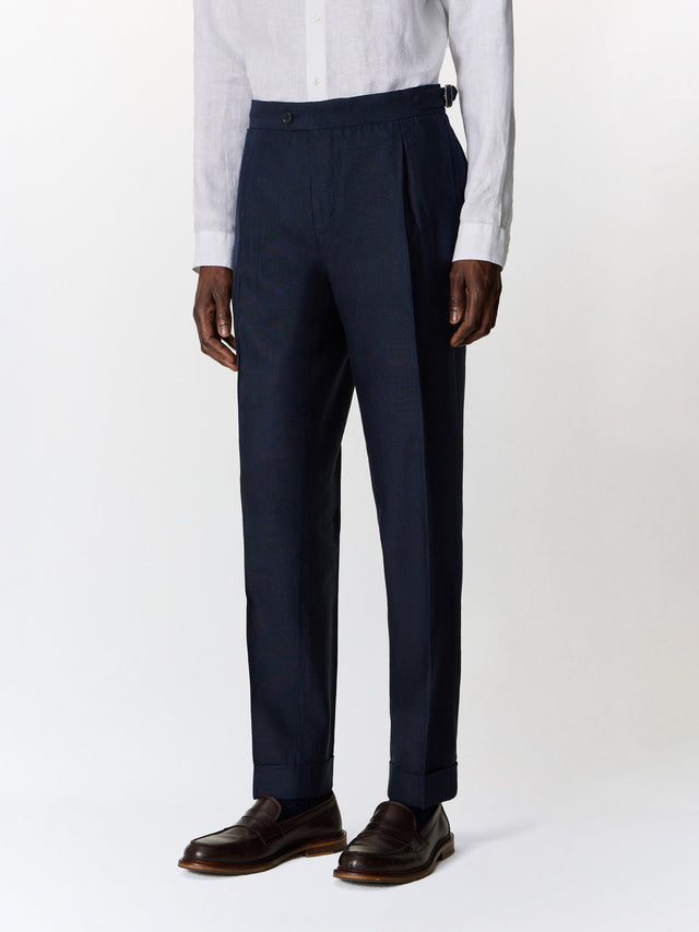 Pantalon coordonnable slim en lin mélangé bleu marine
