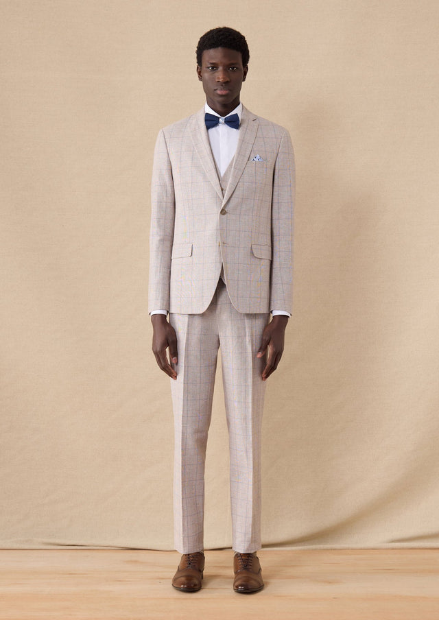Pantalon coordonnable Slim en coton et lin beiges Prince de Galles