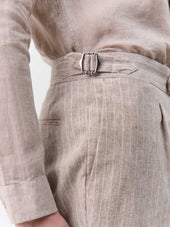 Pantalon Coordonnable Slim En Lin Et Coton Marron Clair Rayures
