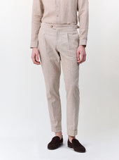 Pantalon coordonnable slim en lin et coton marron clair à rayures
