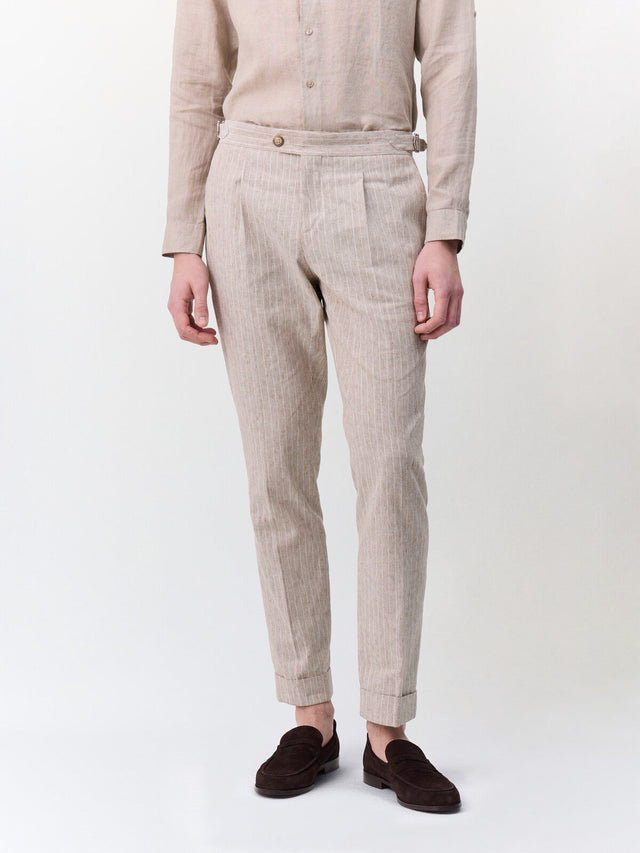 Pantalon coordonnable slim en lin et coton marron clair à rayures