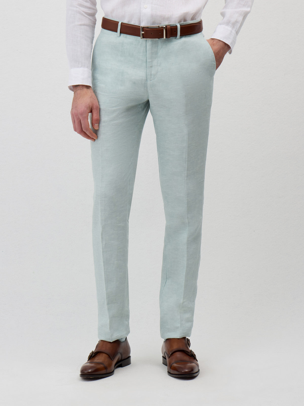 Pantalon Coordonnable Slim En Lin Vert D Eau