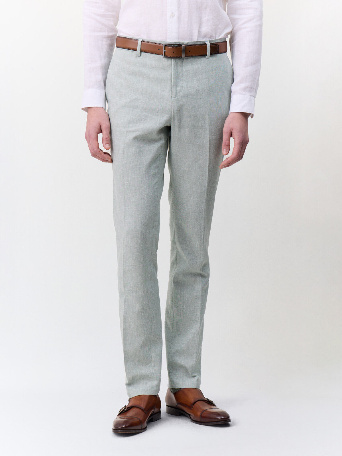Pantalon Coordonnable Slim En Coton Et Lin Vert D Eau