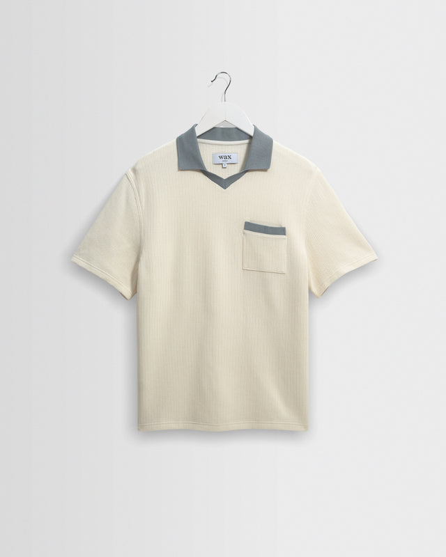 Pendal - Ecru And Blue Ribbed Organic Cotton Polo Shirt