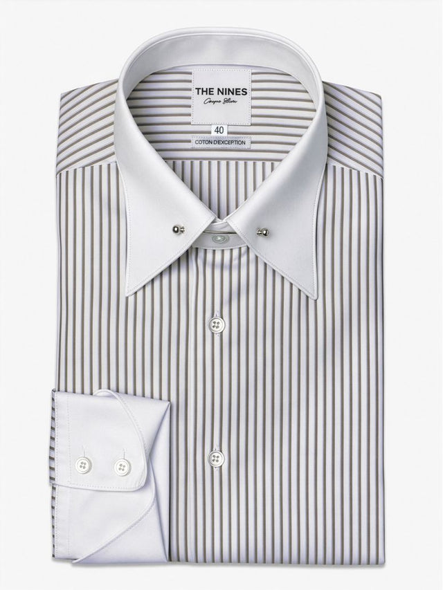 Pin Collar Shirt with Brown and Sky Blue Stripes