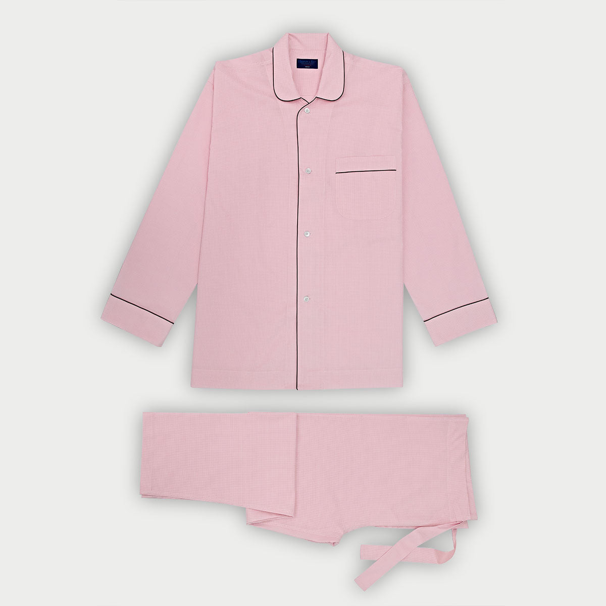 Pink Small Gingham Check Cotton Pyjamas With Navy Piping
