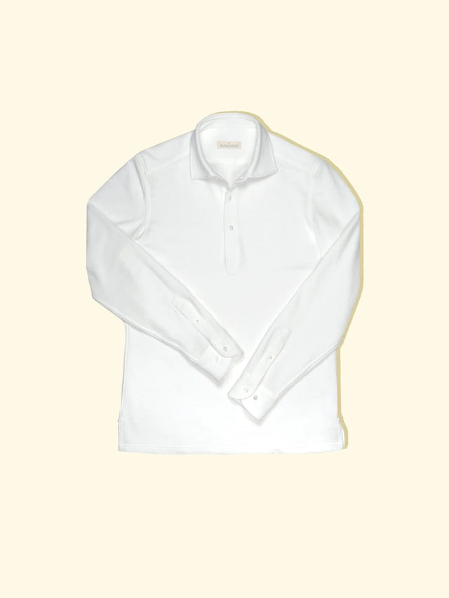 Pique Long Sleeve Spread Collar Polo - White — The Anthology