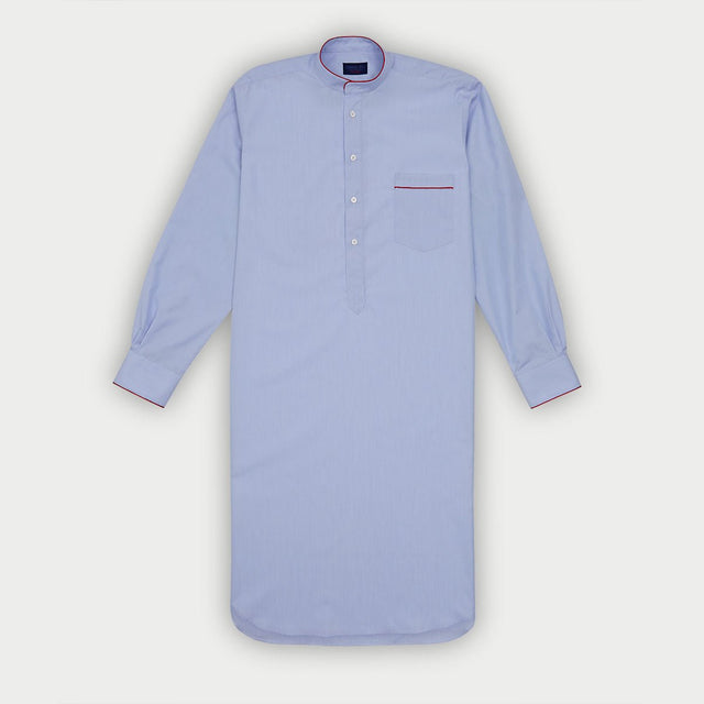 Plain Light Blue End-on-End Cotton Nightshirt with Red Piping