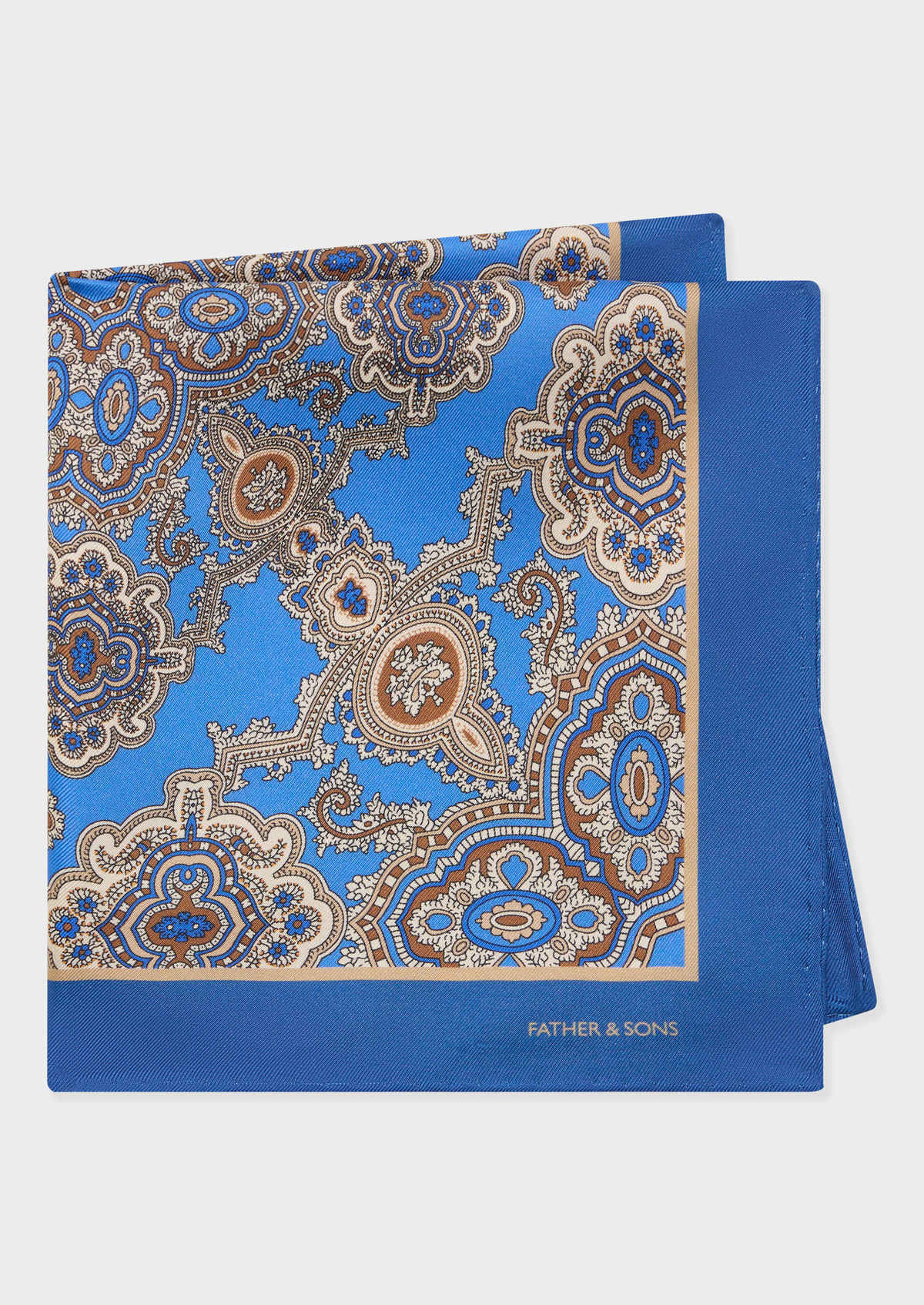 Pochette en soie bleu azur à motif fantaisie marron et beige