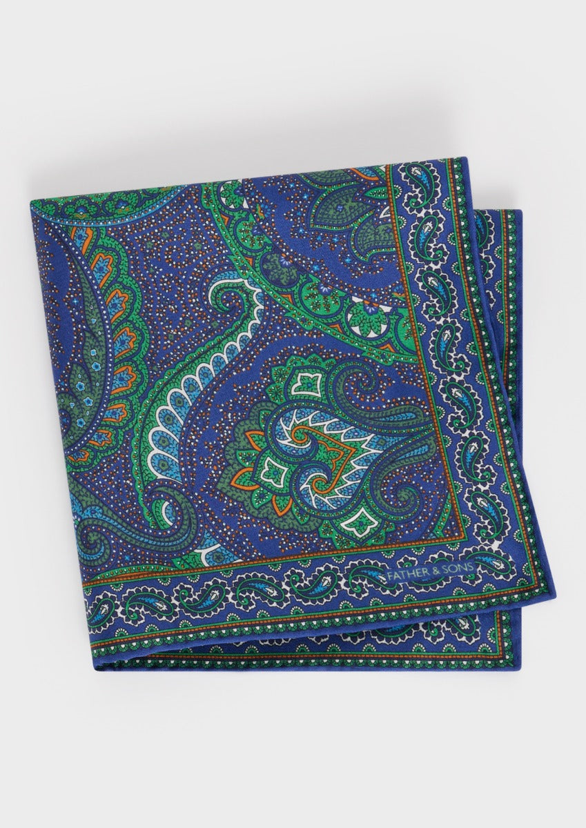 Pochette En Soie Bleu Cobalt Motif Cachemire Vert Blanc Et Orange