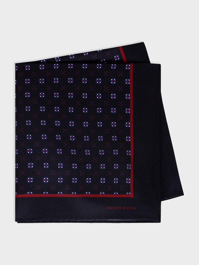 Pochette en soie bleu marine à motif rouge