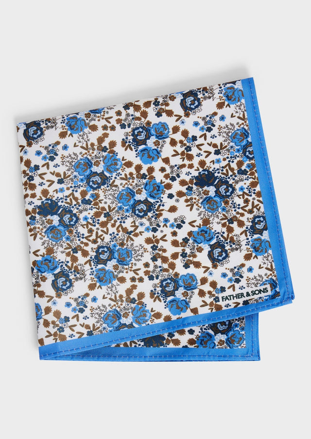 Pochette blanche à motif fleuri bleu glacier et marron