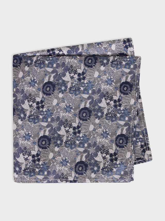 Pochette en soie mélangée grise à motif fleuri bleu