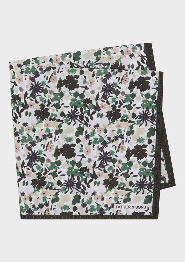 Pochette blanche à motif fleuri kaki, vert, gris et beige