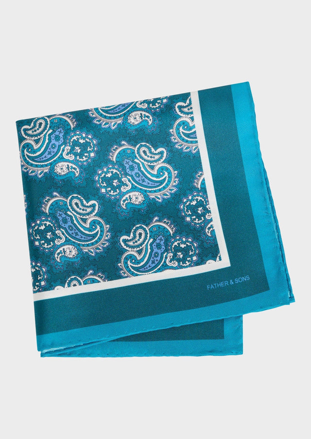 Pochette en soie bleu prusse à motif cachemire blanc et bleu