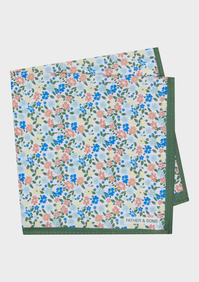 Pochette blanche à motif fleuri vert, rose, bleu et jaune
