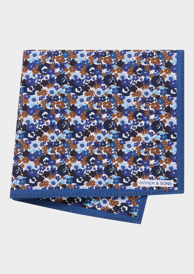 Pochette blanche à motif fleuri bleu cobalt et marron