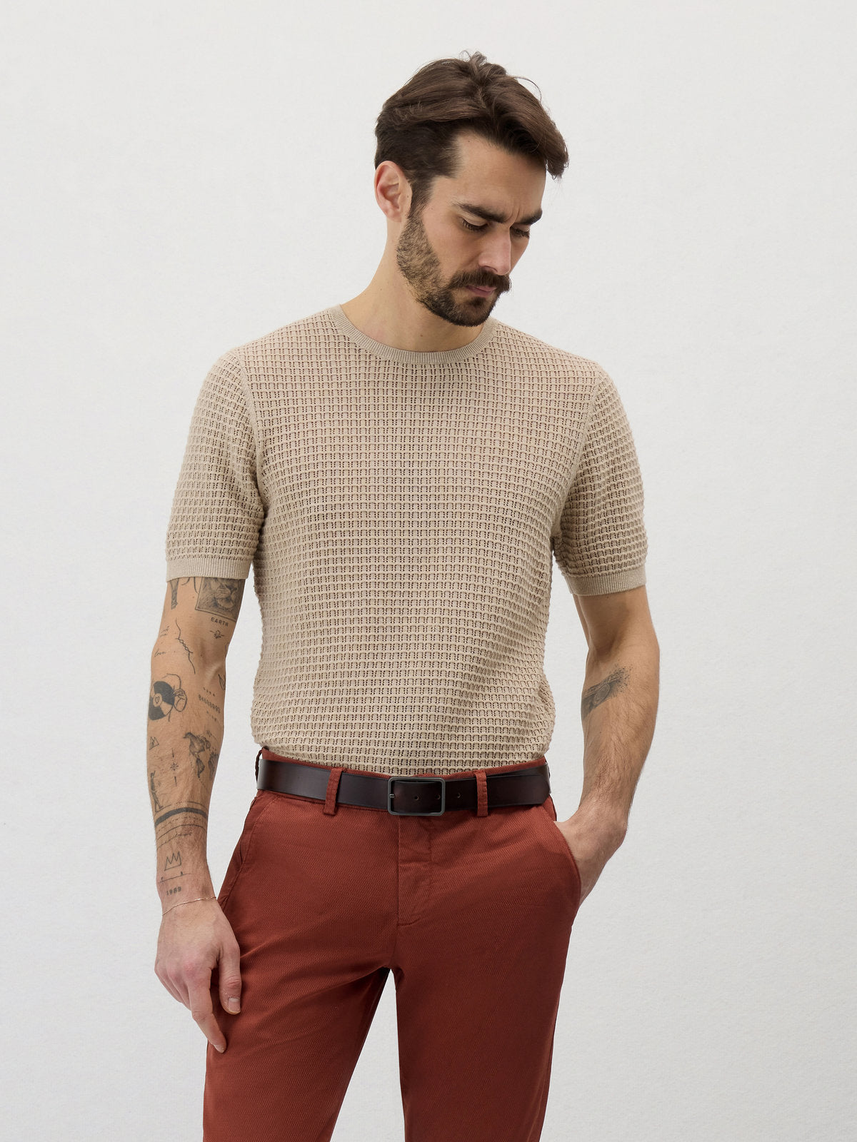 Tee Shirt Slim En Maille Ajour E Beige