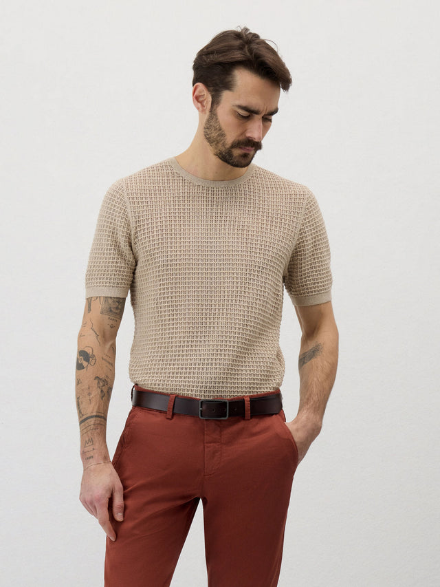 Tee-shirt Slim en maille ajourée beige