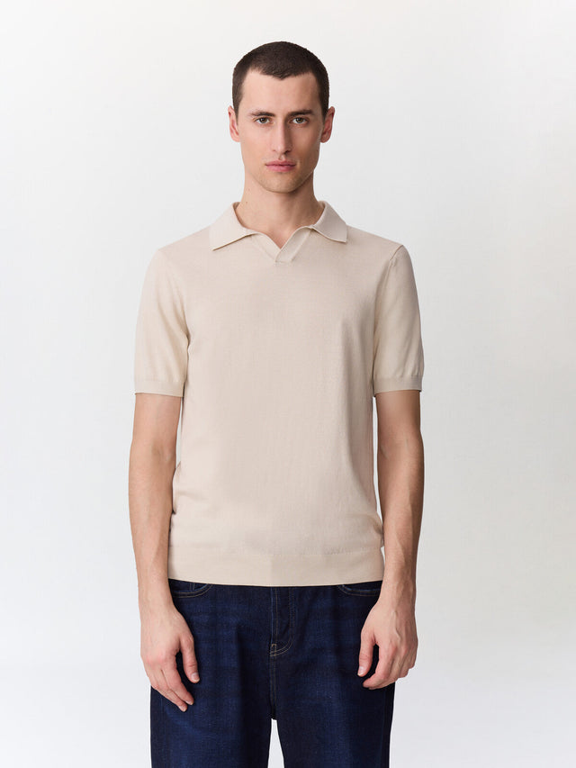 Polo slim en maille coton et soie beige