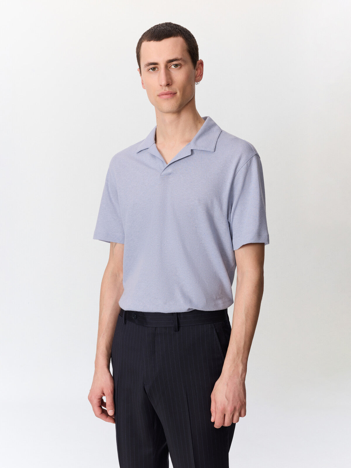 Polo Regular En Coton Et Lin Bleu Gris