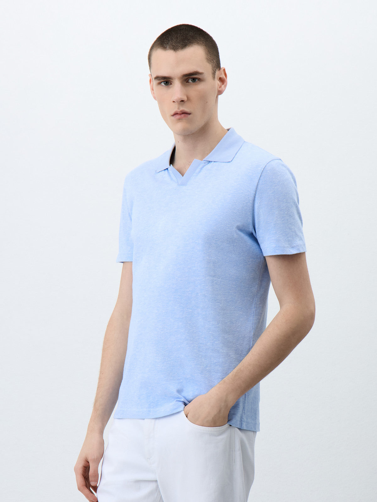 Polo Slim En Coton Et Lin Bleu Ciel