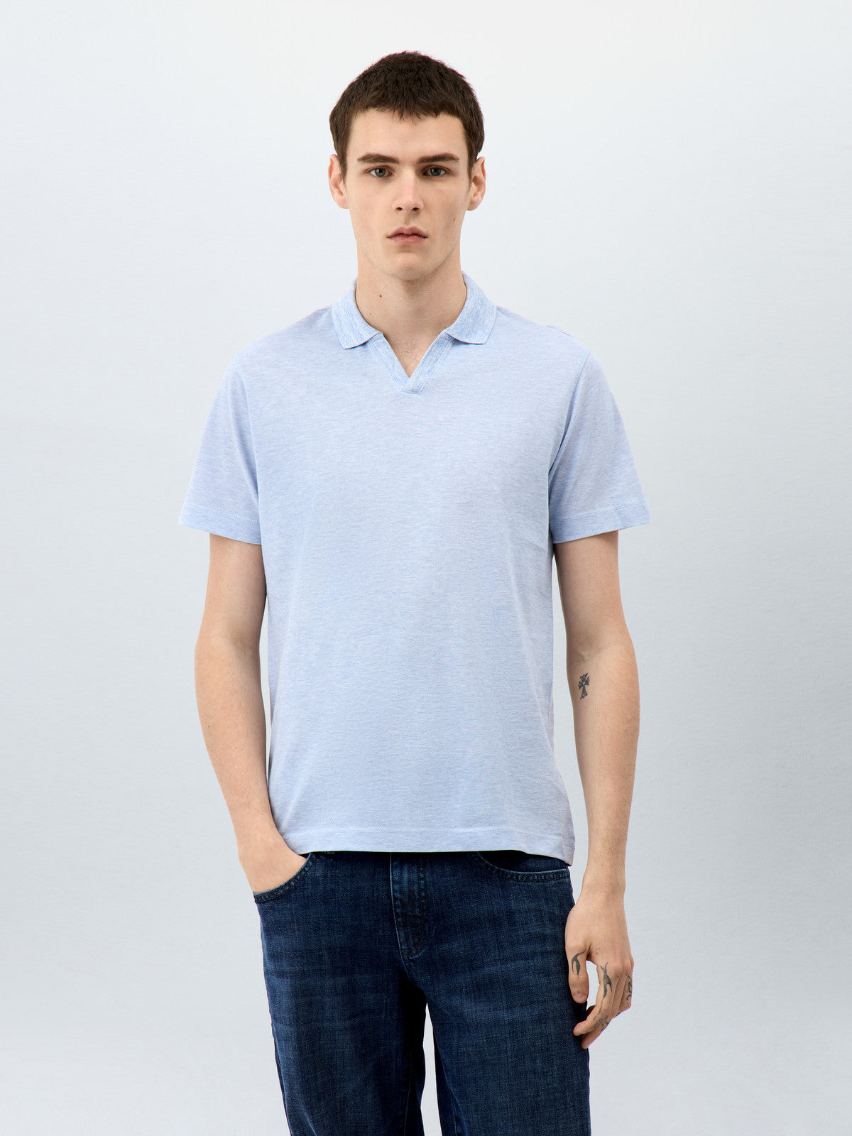 Polo Slim En Maille Coton Bleu Ciel