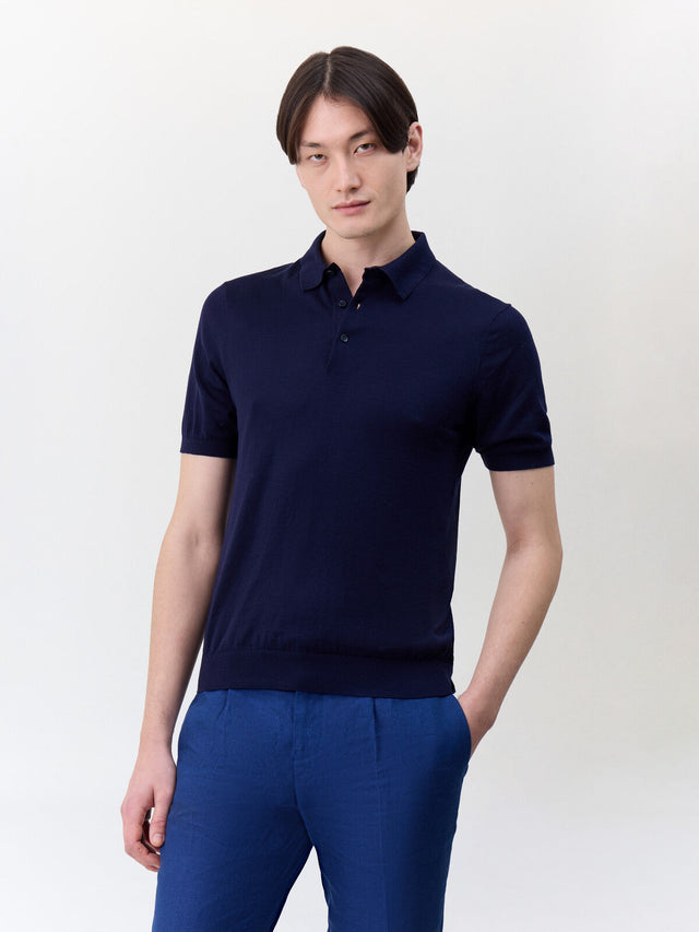Polo slim en maille coton et soie bleu indigo