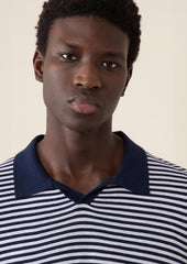 Polo Manches Courtes Slim En Maille Blanche Rayures Bleu Marine