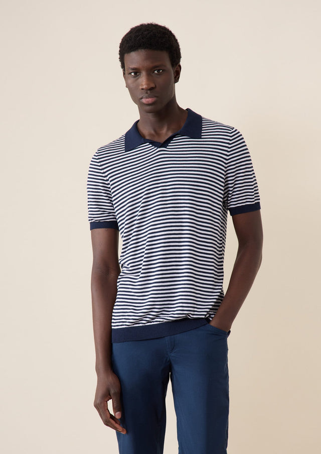 Polo manches courtes Slim en maille blanche à rayures bleu marine