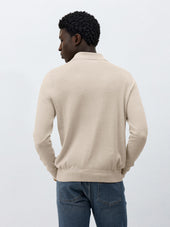 Polo Manches Longues Slim En Maille Coton Et Soie Beige