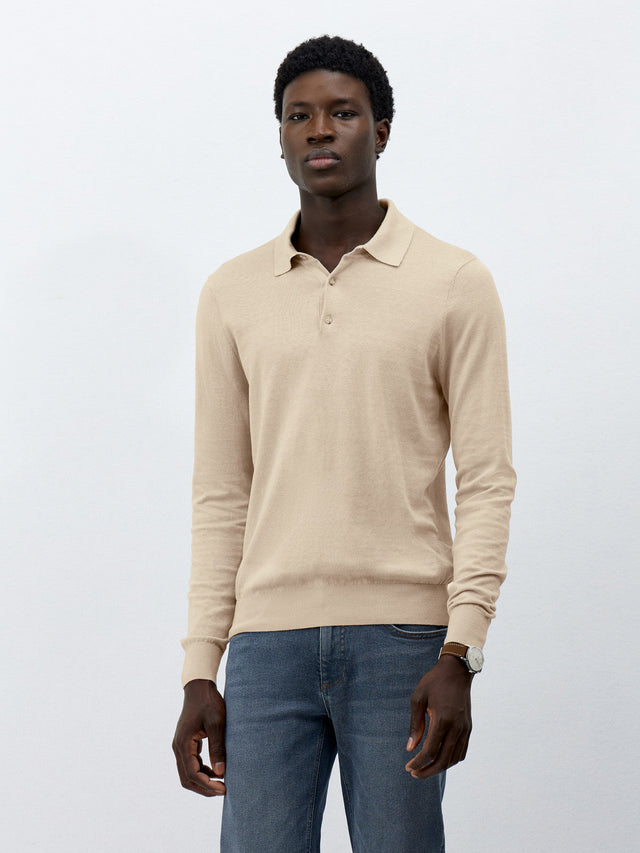 Polo manches longues Slim en maille coton et soie beige