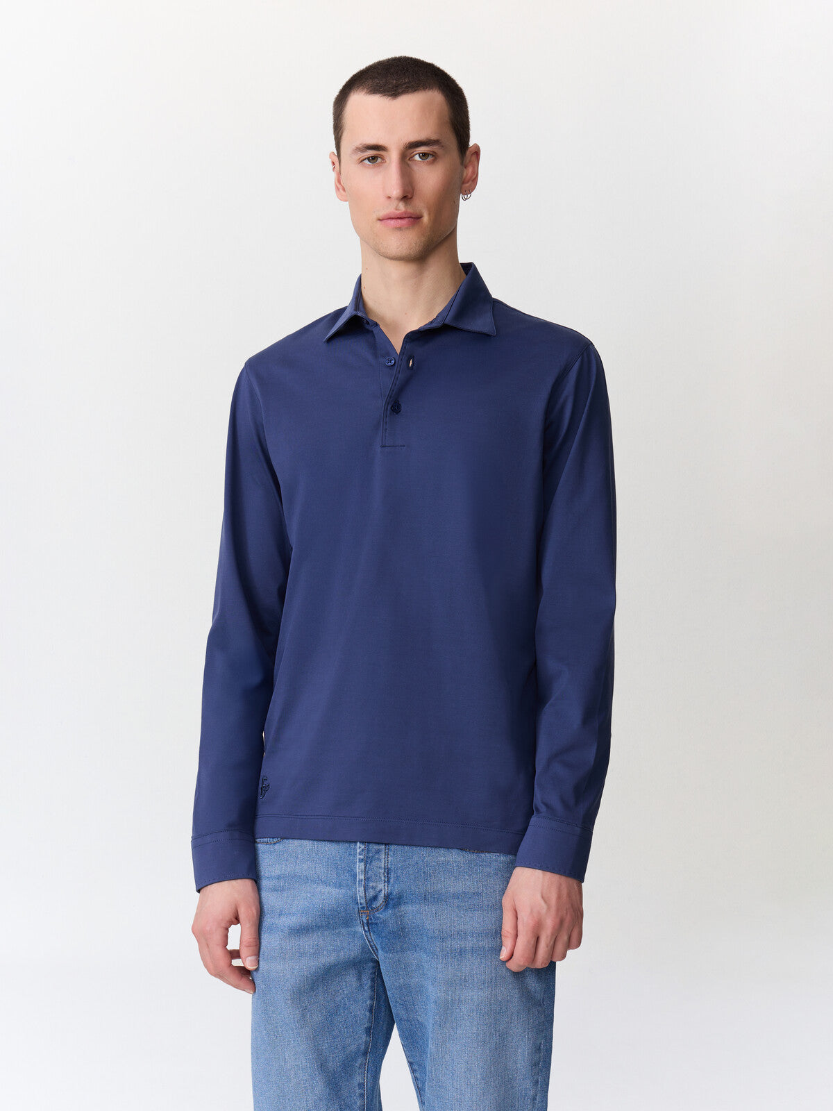 Polo Manches Longues Slim En Coton Bleu Indigo