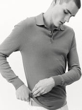 Polo Manches Longues Slim En Maille Coton Et Soie Kaki