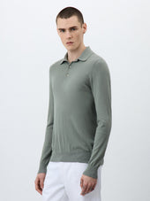 Polo manches longues Slim en maille coton et soie kaki
