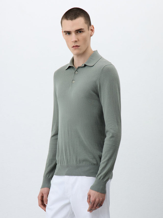 Polo manches longues Slim en maille coton et soie kaki
