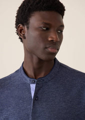 Polo Manches Longues Slim En Coton Uni Bleu Jeans Col Officier