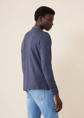 Polo Manches Longues Slim En Coton Uni Bleu Jeans Col Officier