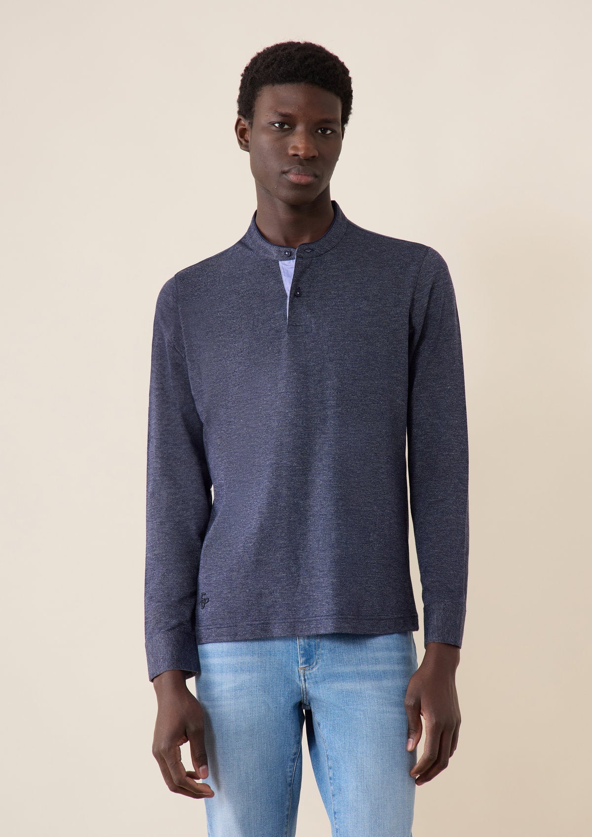 Polo Manches Longues Slim En Coton Uni Bleu Jeans Col Officier